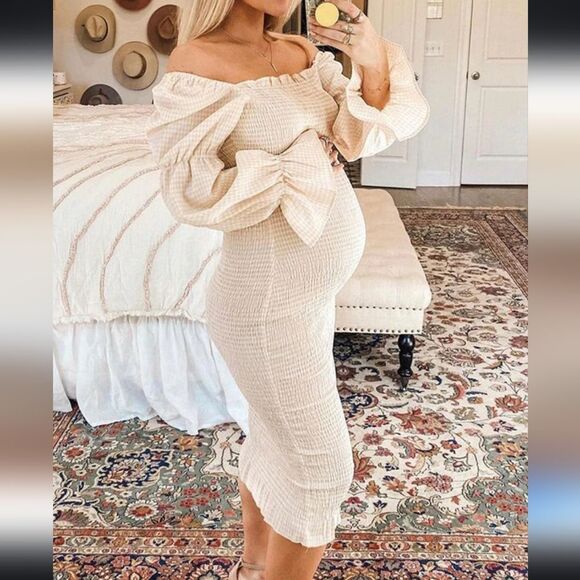 Momyknows Ruffle Off Shoulder Baby Shower Maternity Dress large - Picture 2 of 9